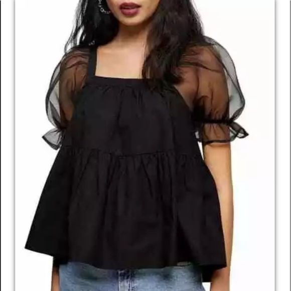 Topshop Babydoll Pouf sleeve peplum blouse black 2P Square Neck Top 8989 - Picture 1 of 12